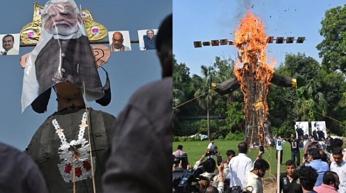রাবণের মুখে মোদির ছবি লাগিয়ে কুশপুত্তলিকা পোড়ালেন বিক্ষোভকারীরা