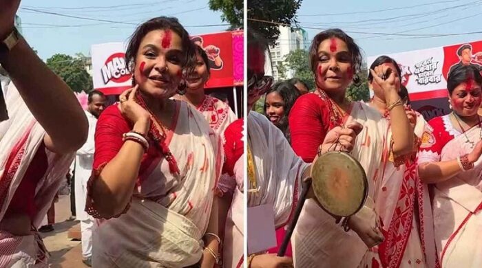 ঢাকের তালে নাচলেন শাওন, মাতলেন সিঁদুর খেলায়
